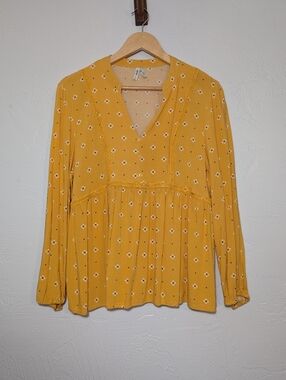 Mudd Womens Cottagecore Yellow Boho Spring Floral VNeck Flowy Peasant Blouse XL